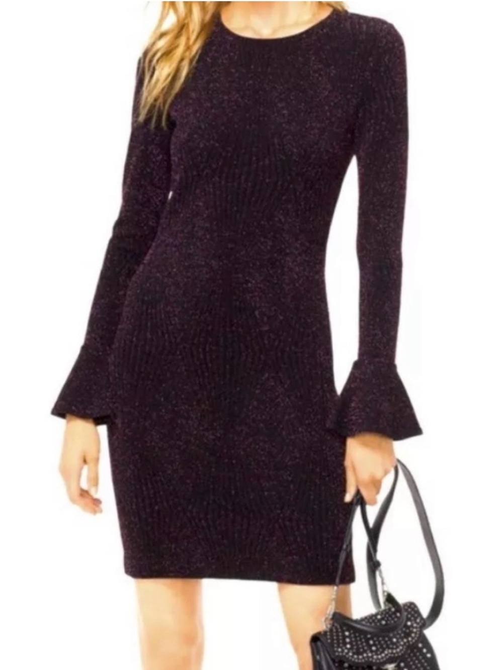 MK Plum Ribbed Long-Sleeve Sheath Dress with Flared Cuffs